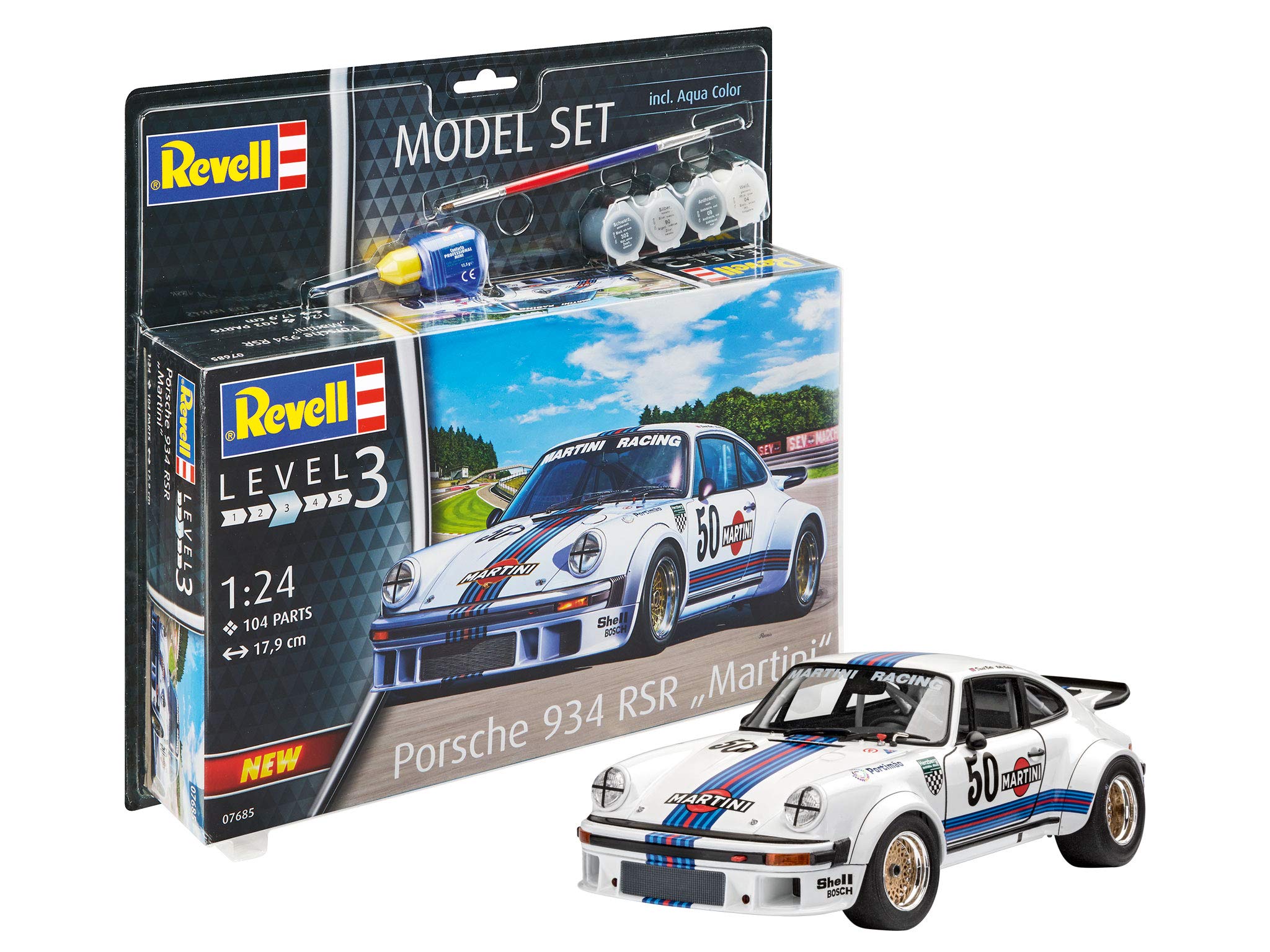 Revell Model Set 67685 Porsche 934 RSR Martini 1:24 Scale Unbuilt/Unpainted Plastic Model Kit with Contacta Professional Glue, Paintbrush & Selected Aqua Color Paints