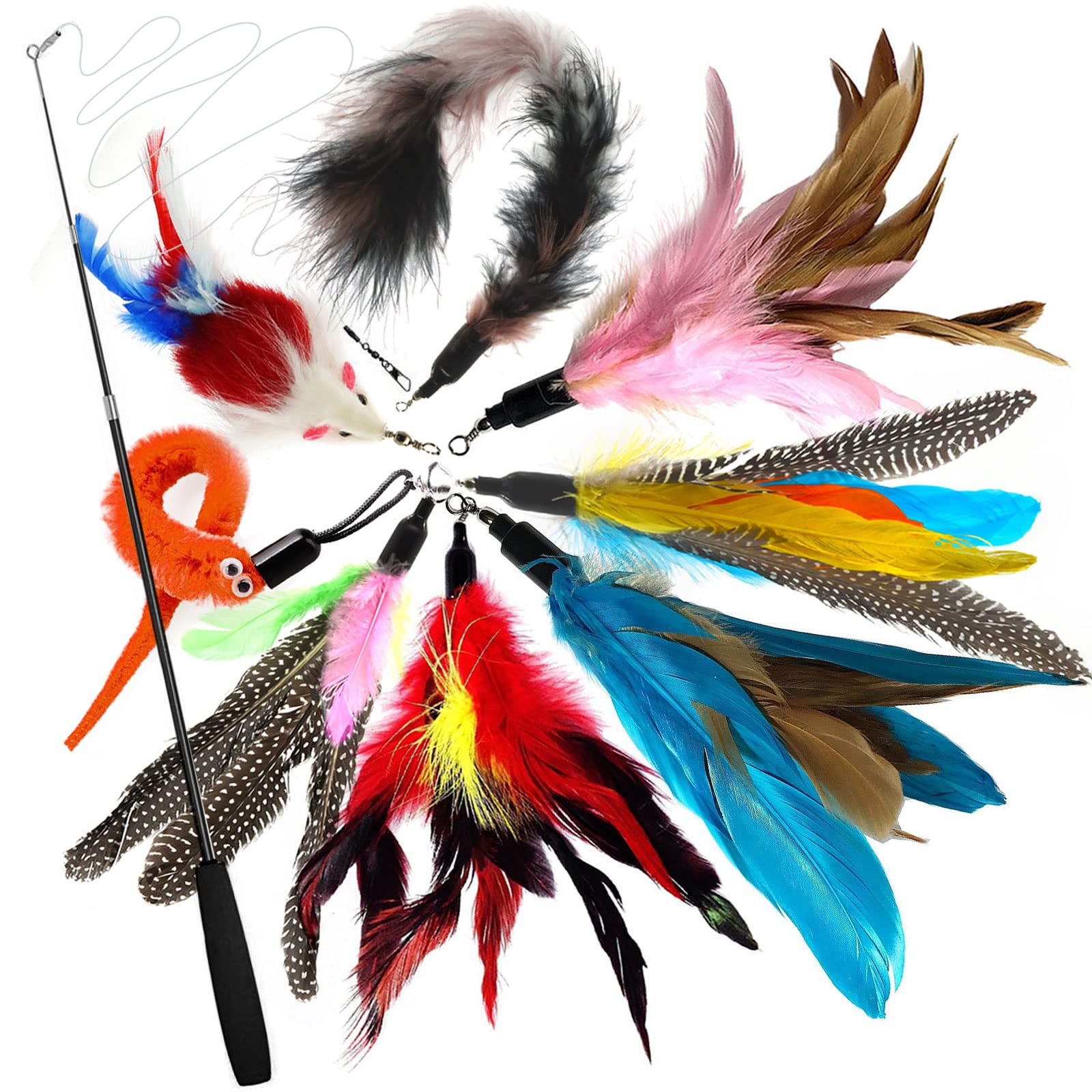 onebarleycorn Cat Feather Toys,Cat Toy Feathers for Indoor Cats Kitten Interactive Toys Retractable Cat Teaser Wand with 8 Refills