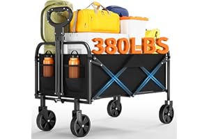 Heavy Duty Foldable Wagon Cart, 380Lb Capacity Utility Wagon with 5" All-Terrain Wheels & Drink Holders for Beach, Camping, G