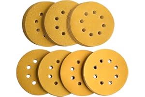 Aiyard 5-Inch 8-Hole Hook and Loop Sanding Discs, 60/80/120/150/220/320/400 Assorted Grits Gold Sanding Disc for Random Orbit