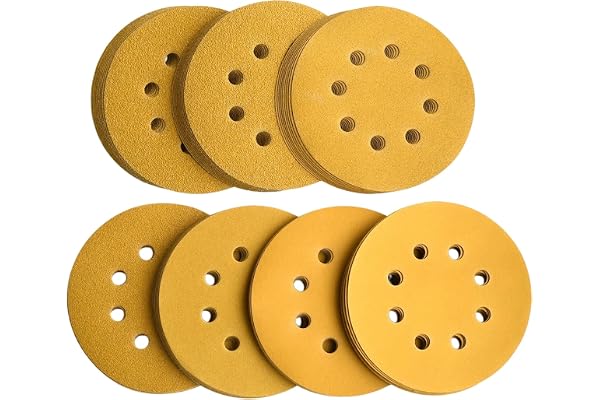 Aiyard 5-Inch 8-Hole Hook & Loop Assorted Grit Gold Sanding Discs, 105-Pack | 60 80 120 150 220 320 400 Mixed Grits Alumina