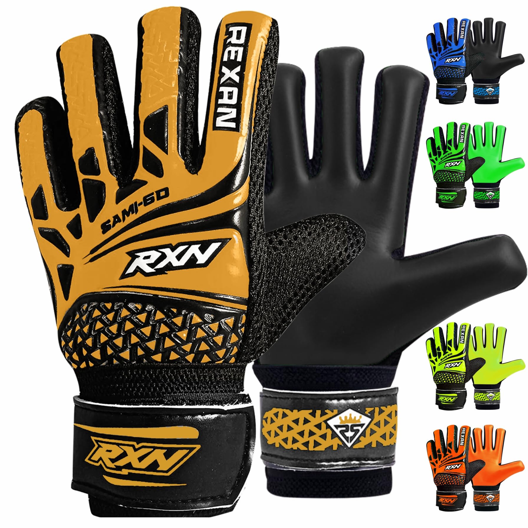 RAXAN Kids Junior Goalkeeper Gloves, Boys and Girls Training Gloves and Non-slip Wear Resistant Latex Material Goalie Protection to Prevent Injuries (Gold, Size 8 Suitable for S Adult)