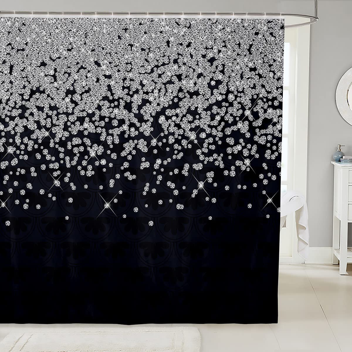 Loussiesd Silver Glitter Shower Curtain (No Glitter) Bling Partyations Black Bathroom Fabric Shower Curtain Set for Kids Teens Diamond Floral Bath Curtain Waterproof Curtains 72x72 Inch