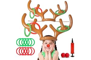 CircleCraft Inflatable Reindeer Antler Ring Toss Game Set – 2025 Christmas Party Games for Families – Includes 2 Antler Hats, 10 Rings, Red Reindeer Noses, and Pump – Perfect for Holiday Fun