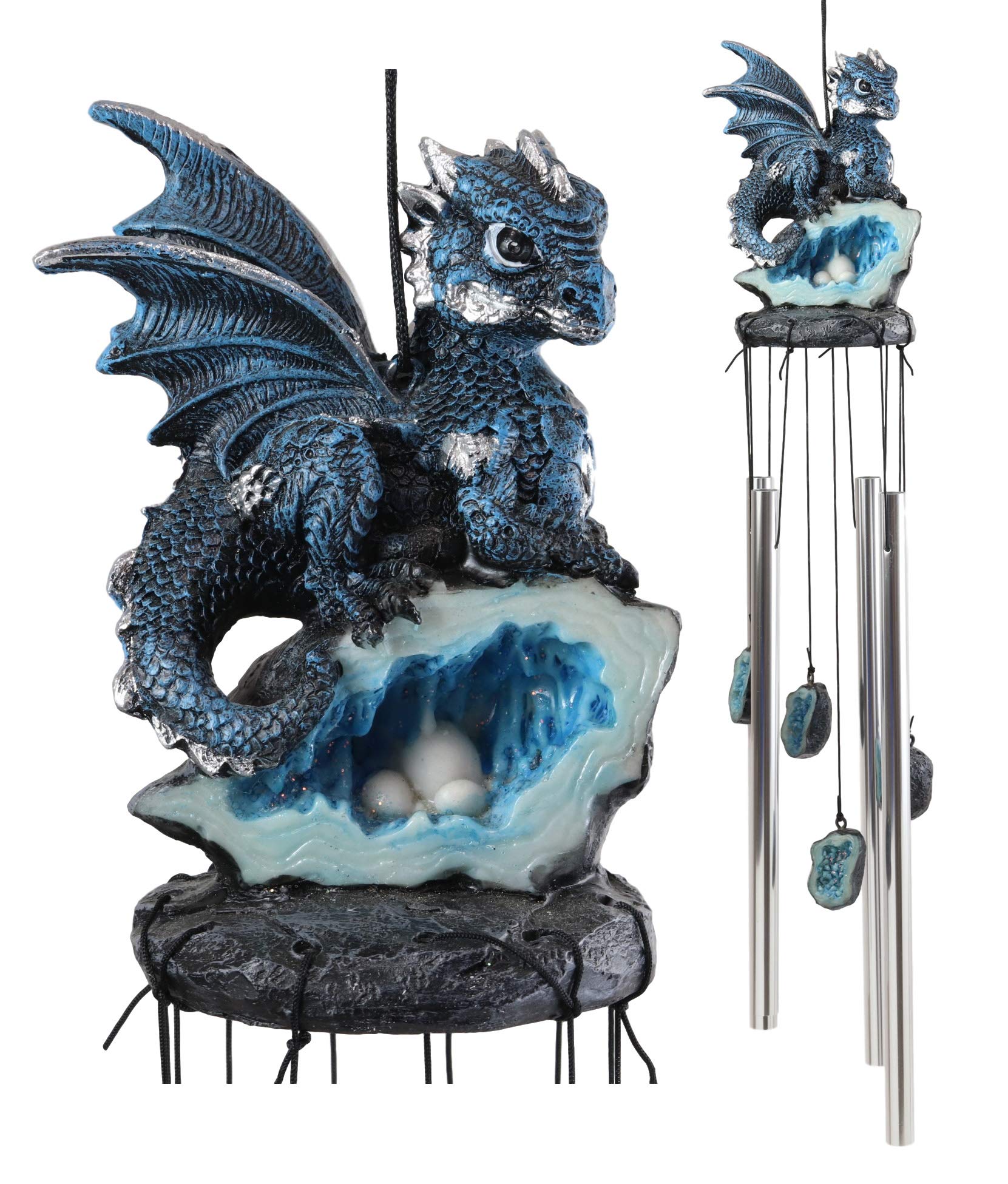 Ebros Gift Medieval Blue Dragon Guarding Aquamarine Crystal Geode Rock Figurine Crown Top Resonant Wind Chime with Miniature Geode Rocks Ornaments for Garden Patio Home Fantasy Dungeons and Dragons