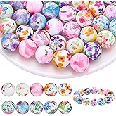 WEWAYSMILE 60Pcs 15mm Silicone Beads Bulk Printed Silicone Beads for Keychain Making DIY Beaded Pens Lanyard Bracelets Necklace Jewelry(Light Flower)