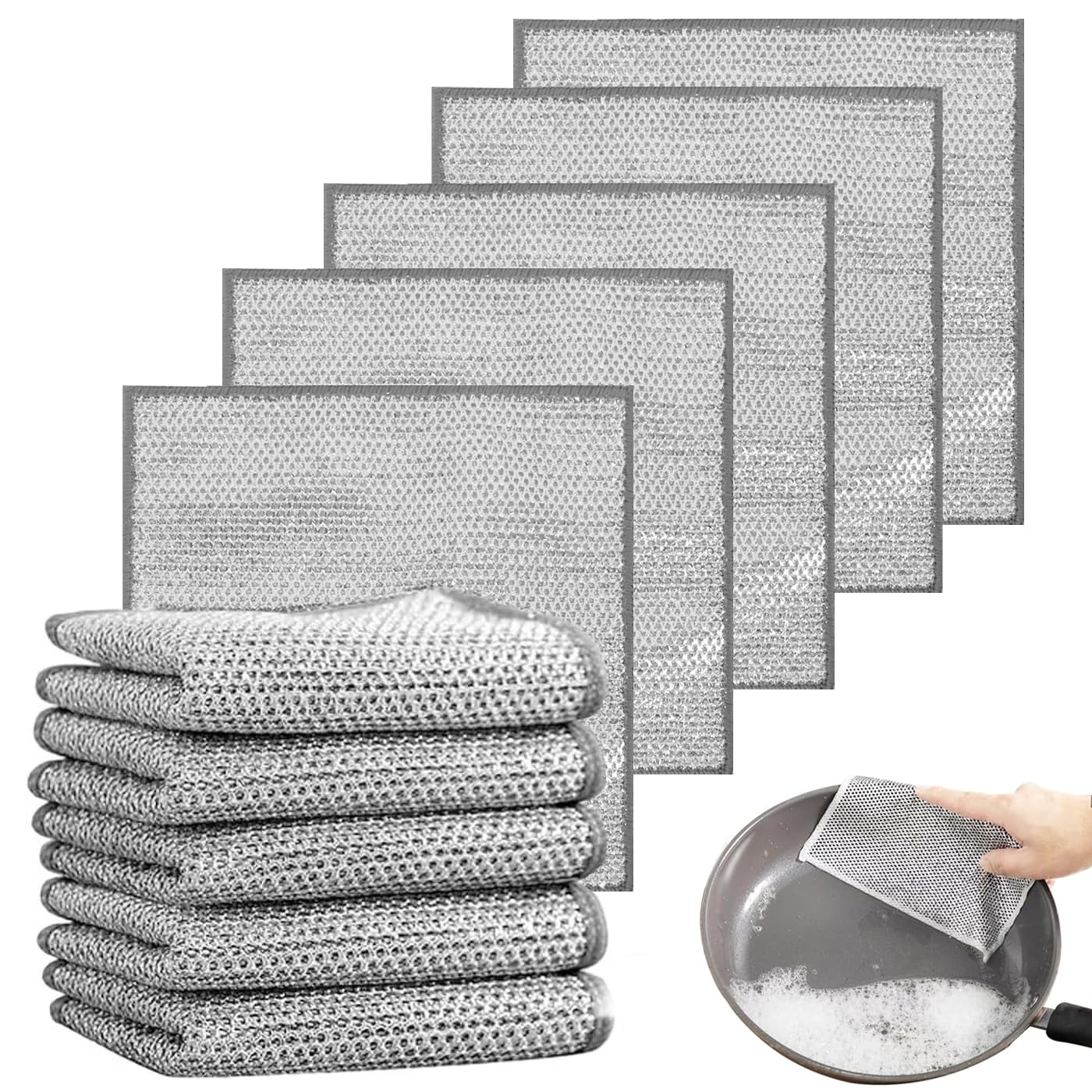 AWAVM 10PCS Multipurpose Non-Scratch Scrubbing Wire Dishwashing Rags, Wire Wool，Multipurpose Wire Dishwashing Rags for Wet and Dry, Resuable Kitchen Microfibre Cleaning Cloth (monolayer)(10)