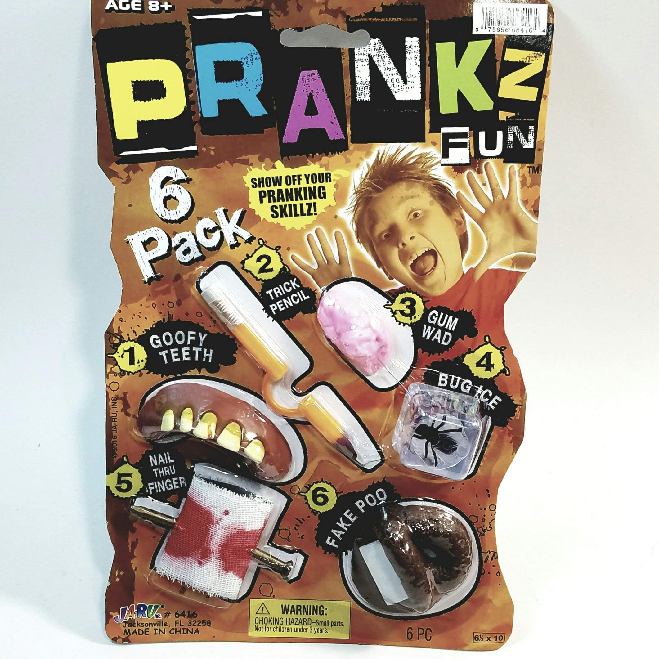 PRANKZ 6 Pack of Jokes Fly in Ice/Goofy Teeth/ WAD of Gum/Fake Poop/Pencil & Nail in Fingerg Fun Gag Toys