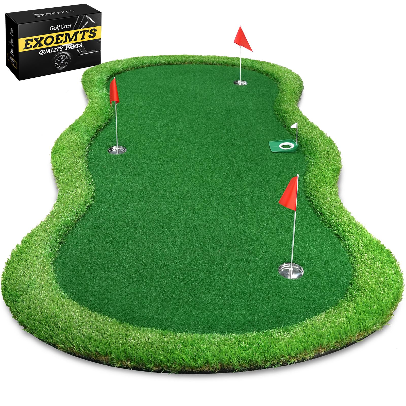 Photo 1 of ***FACTORY SEALED***
EXOEMTS Thickened Realistic Golf Putting Green, 5 x 10ft Professional Golf Practice Training Mat for Indoor Outdoor, 3 Holes, Long Challenging Game Green Mat for Children with Training Aid Put Cup
