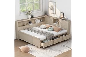 JIVOIT Full Size Daybed, Wooden Daybed Frame with Storage Shelves and 3 Drawers, 2 Sliding Doors, Corner Bed Full Captain Beds with L-Shaped Headboard and Slats Support, No Box Spring Needed