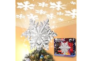 AITEFEIR Christmas Tree Topper Lighted with White Snowflake Projector, LED Rotating Snowflake, 3D Glitter Lighted Sliver Snow Tree Topper for Christmas Tree Decorations