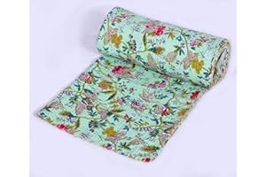 V Vedant Designs Indian Handmade Kantha Quilt New Beautiful Floral Print Bed Cover Throw Twin Cotton Blanket Gudari (Mint Green)