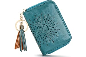 APHISON RFID Credit Card Holder Zipper Card Case Keychain Small Wallet for Women 1927 PEACOCK-BLUE