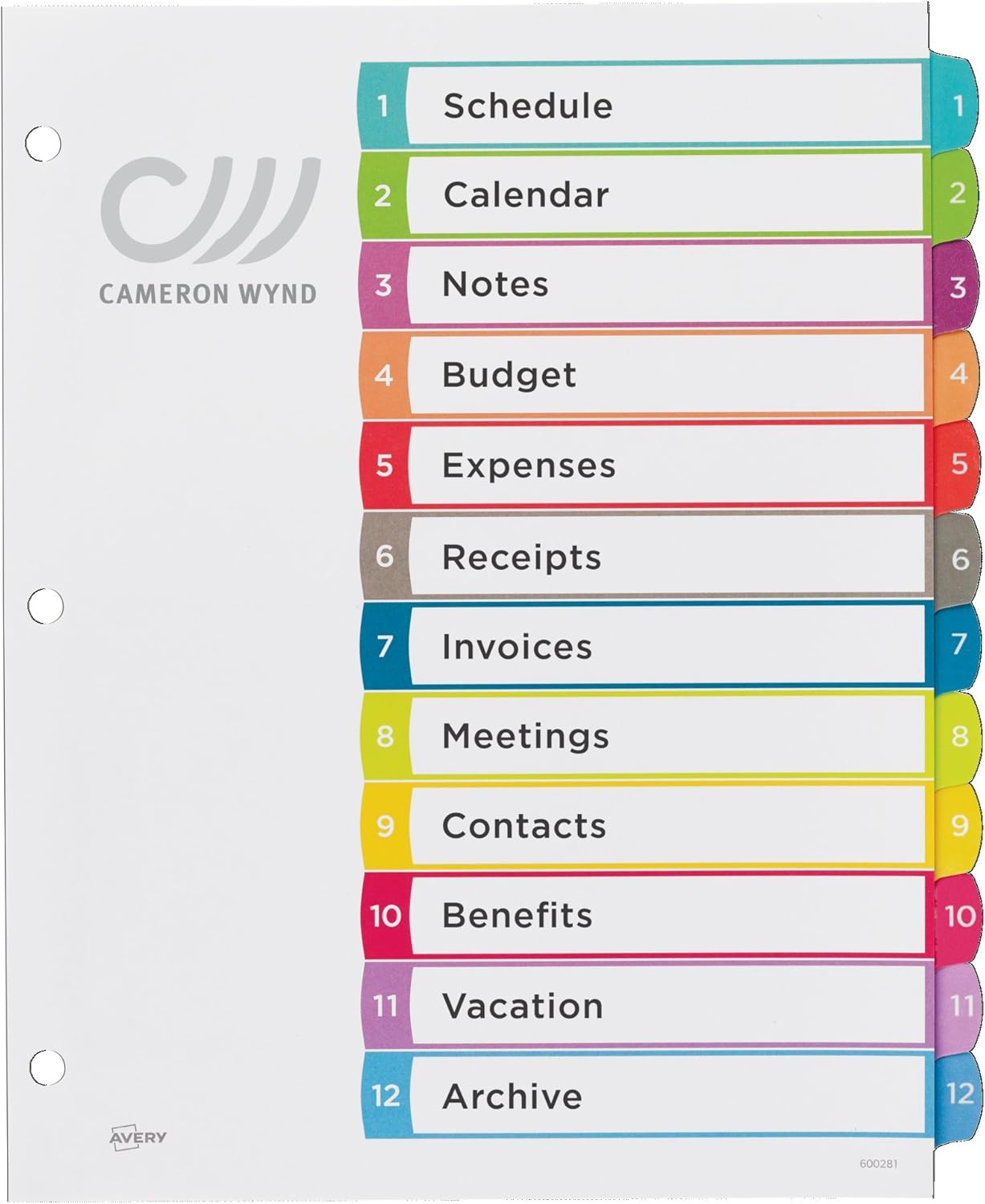 Avery 12 Tab Dividers for 3 Ring Binders, Customizable Table of Contents, Multicolor Tabs, 1 Set (11843) : Office Products