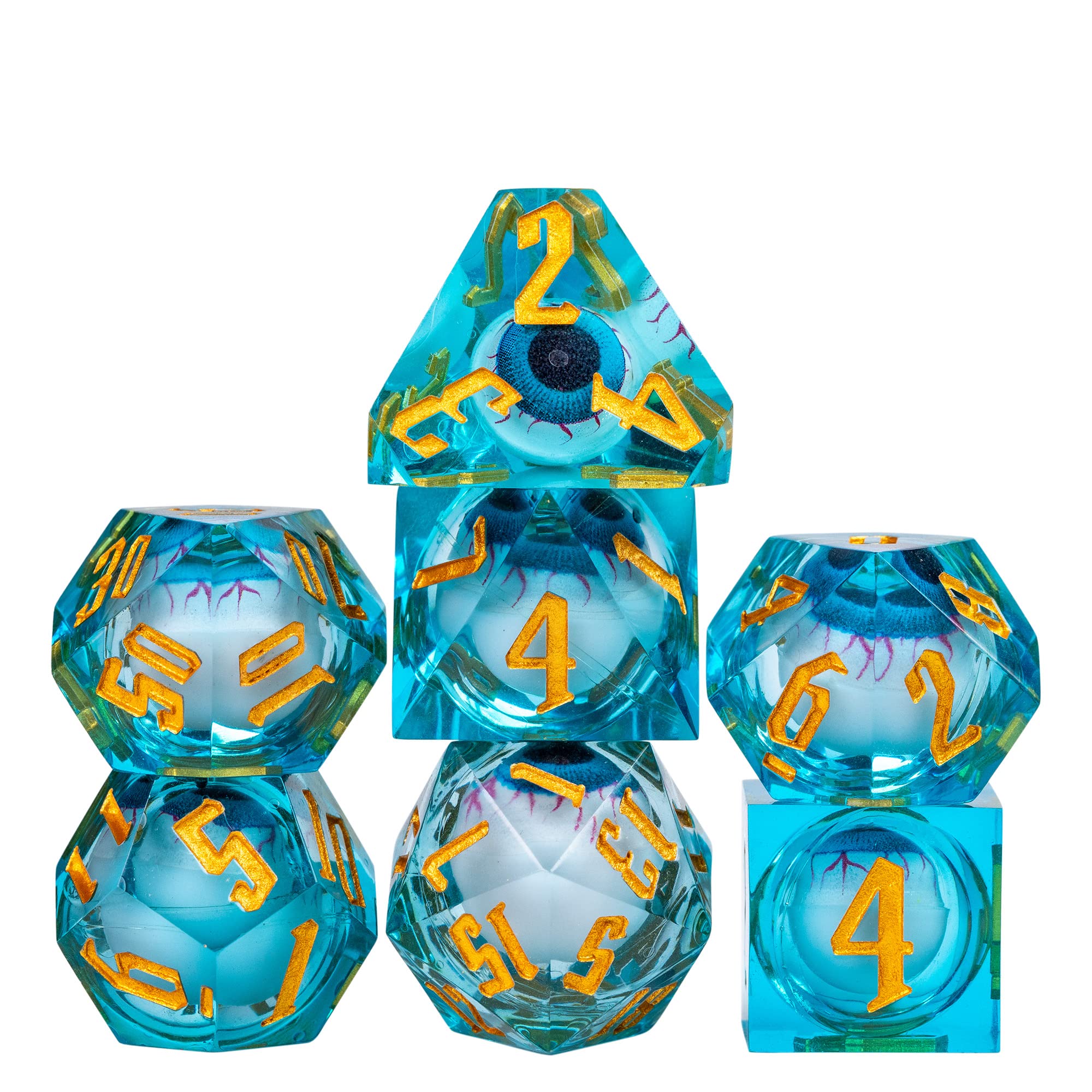 cusdie Sharp Edges DND Dice, Death Peeping Eyes Liquid Core Dice, Handcrafted Polyhedral Set, for Role Playing Game (Blue Eyeball)