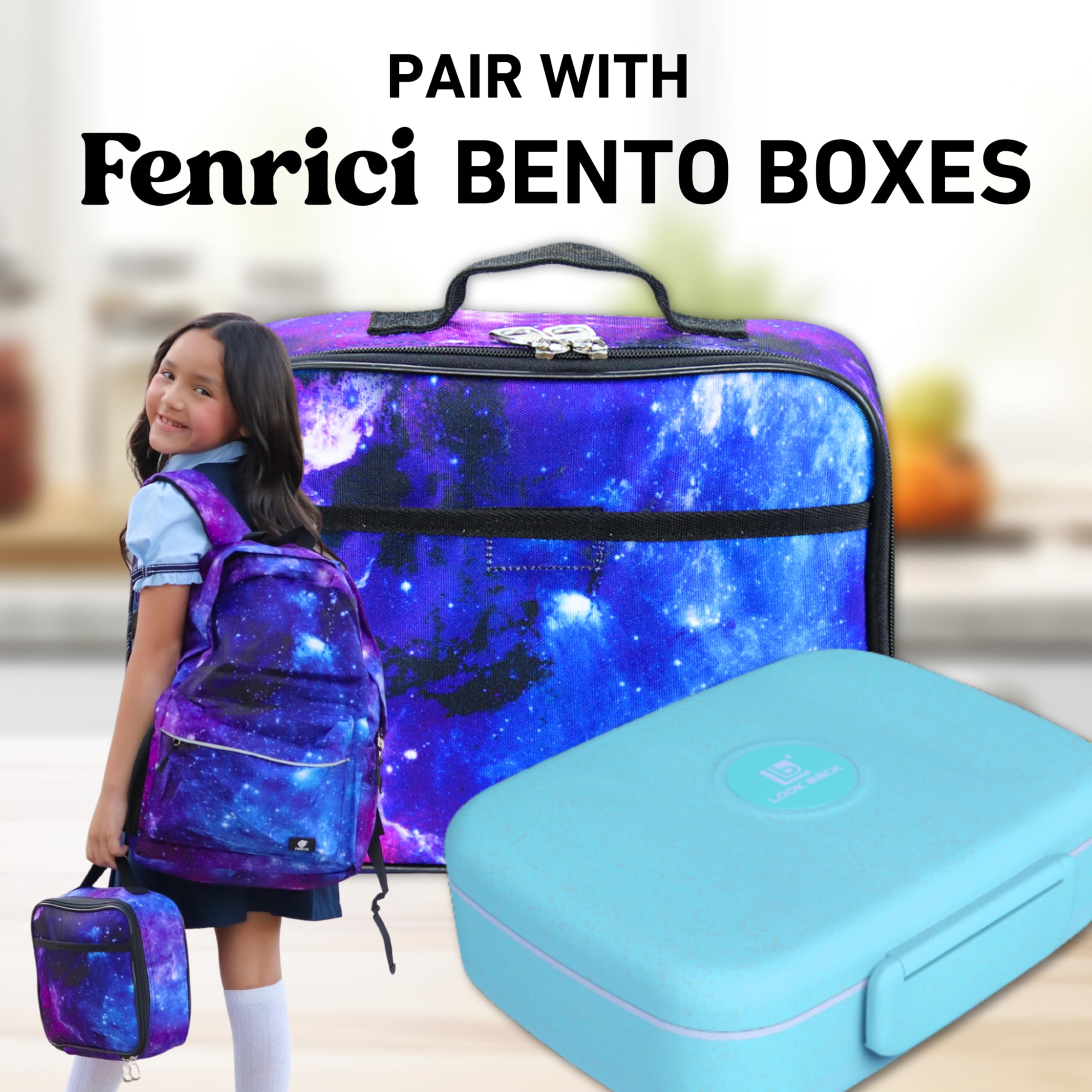 Fenrici Galaxy Lunch Box for Boys, Girls, Kids Insulated Lunch Bag, Perfect for Preschool, K-6, Soft Sided Compartments, Spacious, BPA Free, Food Safe,10.8in x 8.5in x 2.8in (Galaxy-Purple)