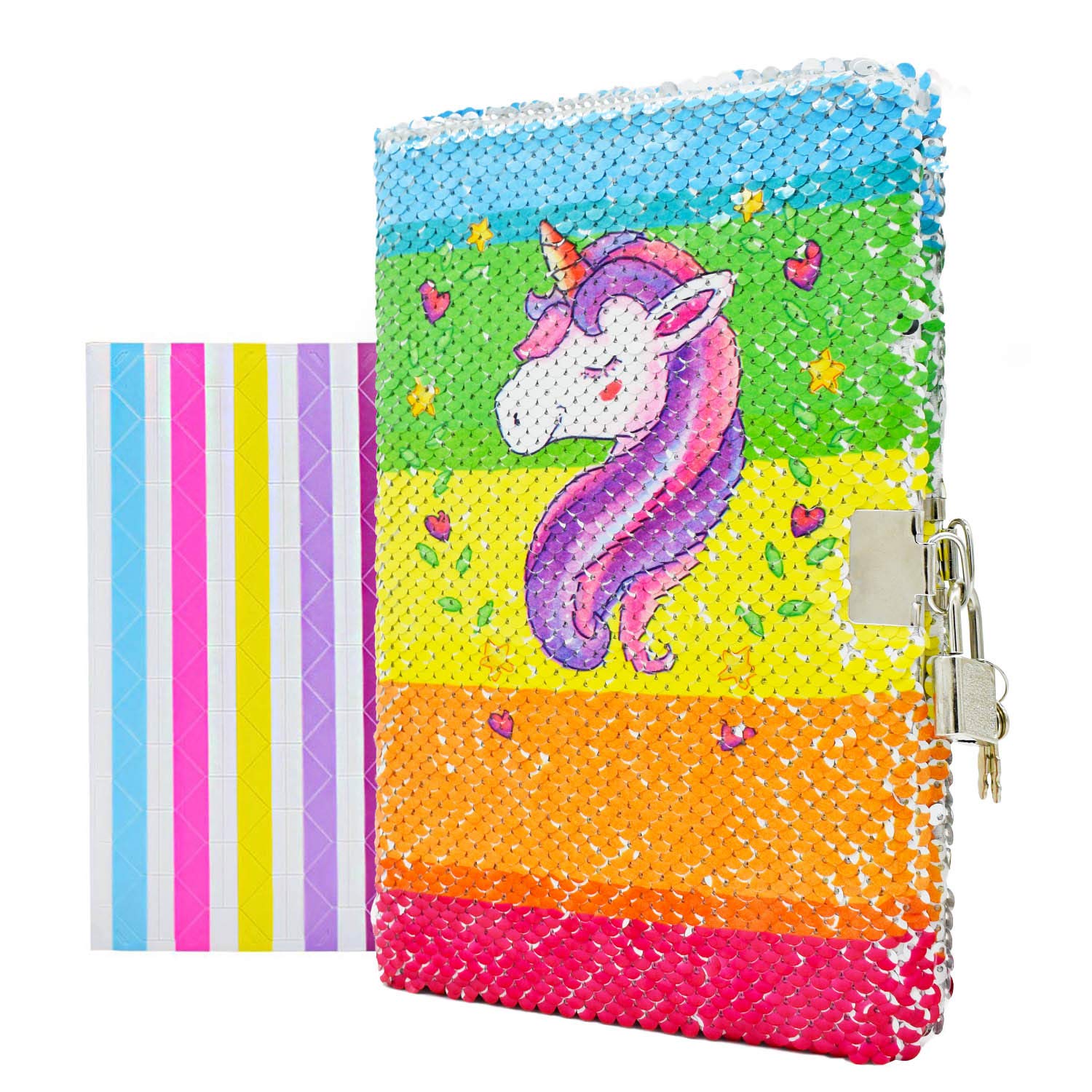 VIPbuy Kid Girls Unicorn Sequin Notebook Diary with Lock and Key Reversible Sequin Journal A5 Lined Secret Notepad Set with Gift Photo Corner Sheet for Art Creation, 156 Pages, 21.5cm x 14cm