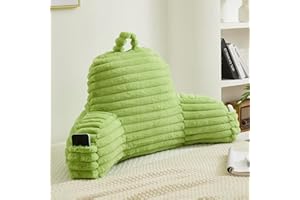 Memfydu Faux Fur Fluffy Light Green Reading Pillow with Pockets, Luxury Striped Plush Decorative, Arm Rests and Back Surport for Bed Rest, Lounging on Sofa, Standard