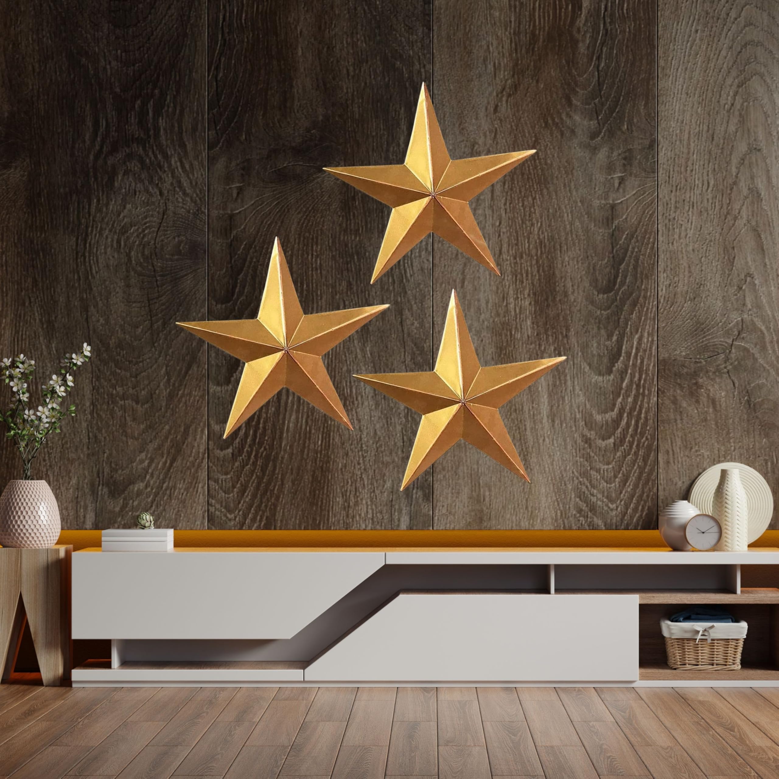 Bellaa 23561 Western Star Metal Wall Art Vintage Retro Farmhouse Cottage Yard Lodge Texas Barn 3D Sculpture Boho Home Decor Set 3 Gold 12 inch