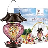 Solar Heart-Shaped Hummingbird Feeder for Outdoors Hanging, Hand-Blown Glass, 33 fl.oz, Leak-Proof & Rustproof, Includes 2 Hanging Hooks, Unique Garden Decor with Solar-Powered LED (Purple)