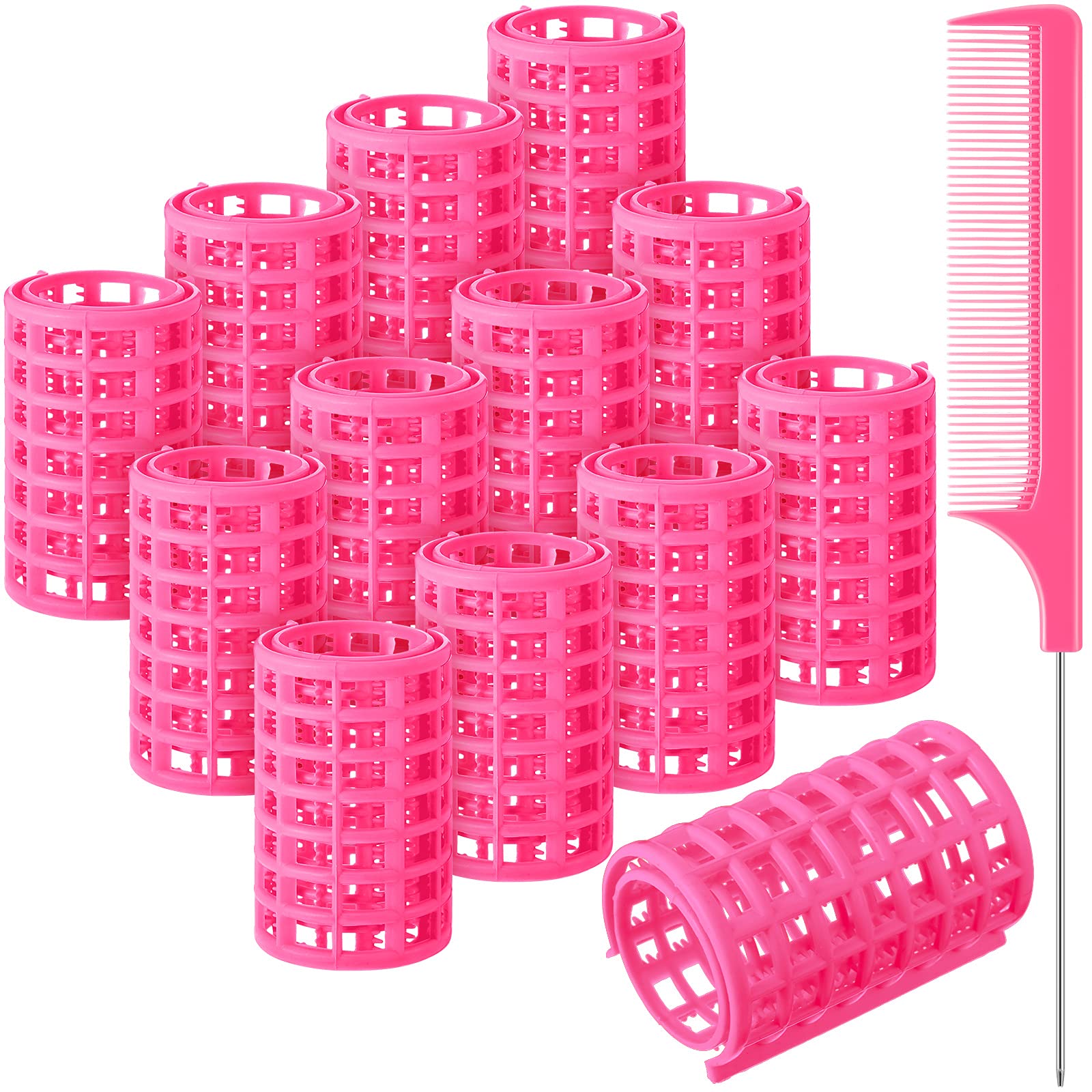 Photo 1 of Syhood 12 Pcs Plastic Hair Rollers for Women Large Size Curlers Set Snap Roller Clips with Rat Tail Comb for Long Medium Short Hair Bangs, Salon Hairdressing Styling Tool(2.6 x 1.4 Inch,Pink)
