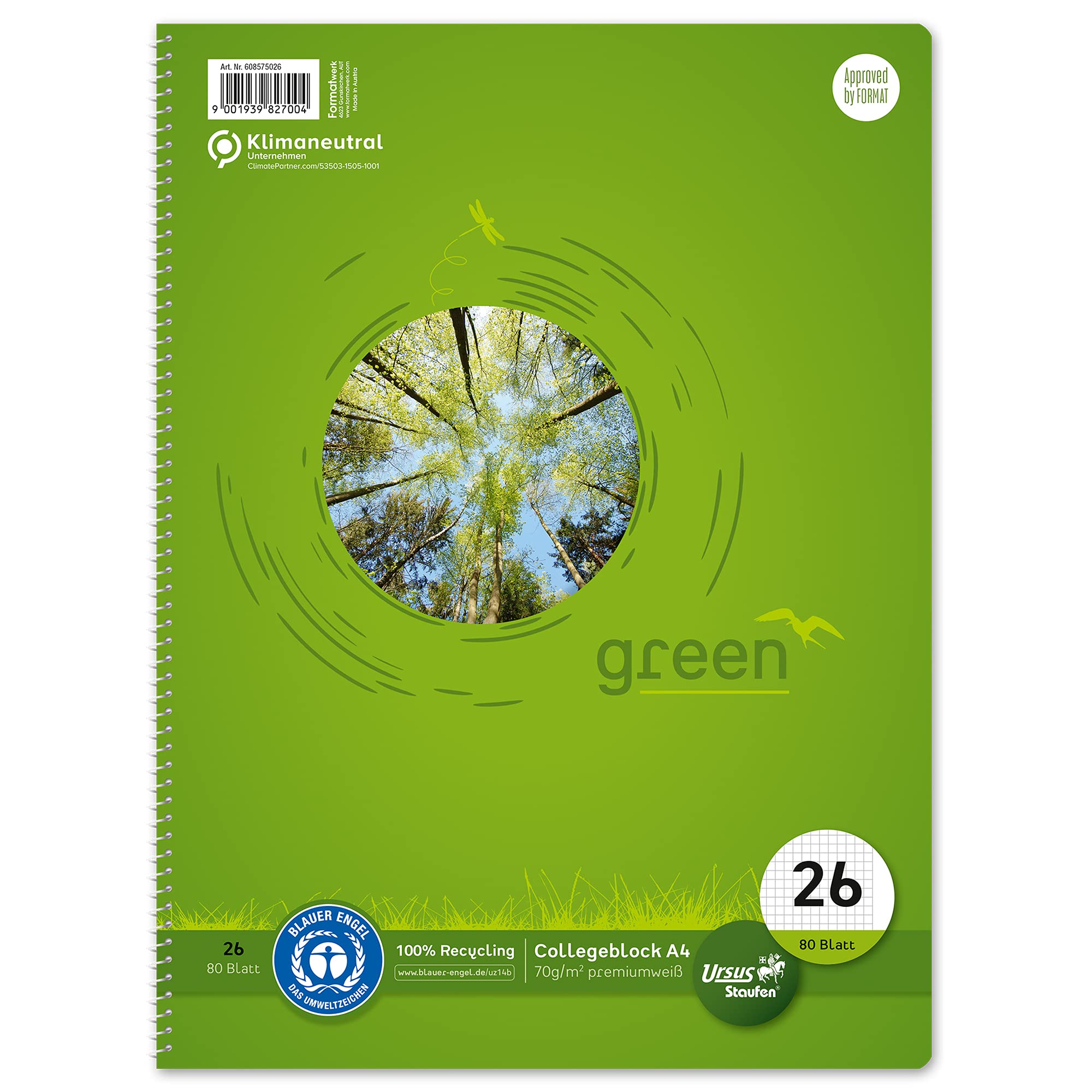 Staufen Green College Notepad DIN A4, Line Style 26 (5 mm Squared with Margin) 80 Sheets, 4 Holes Premium White 70 g/m² Recycled Paper, Pack of 1