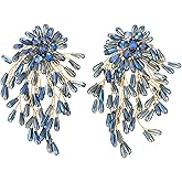 Blue Crystal Waterfall Drop Earrings Women Long Beaded Statement Earrings Cascade Dangle Earrings