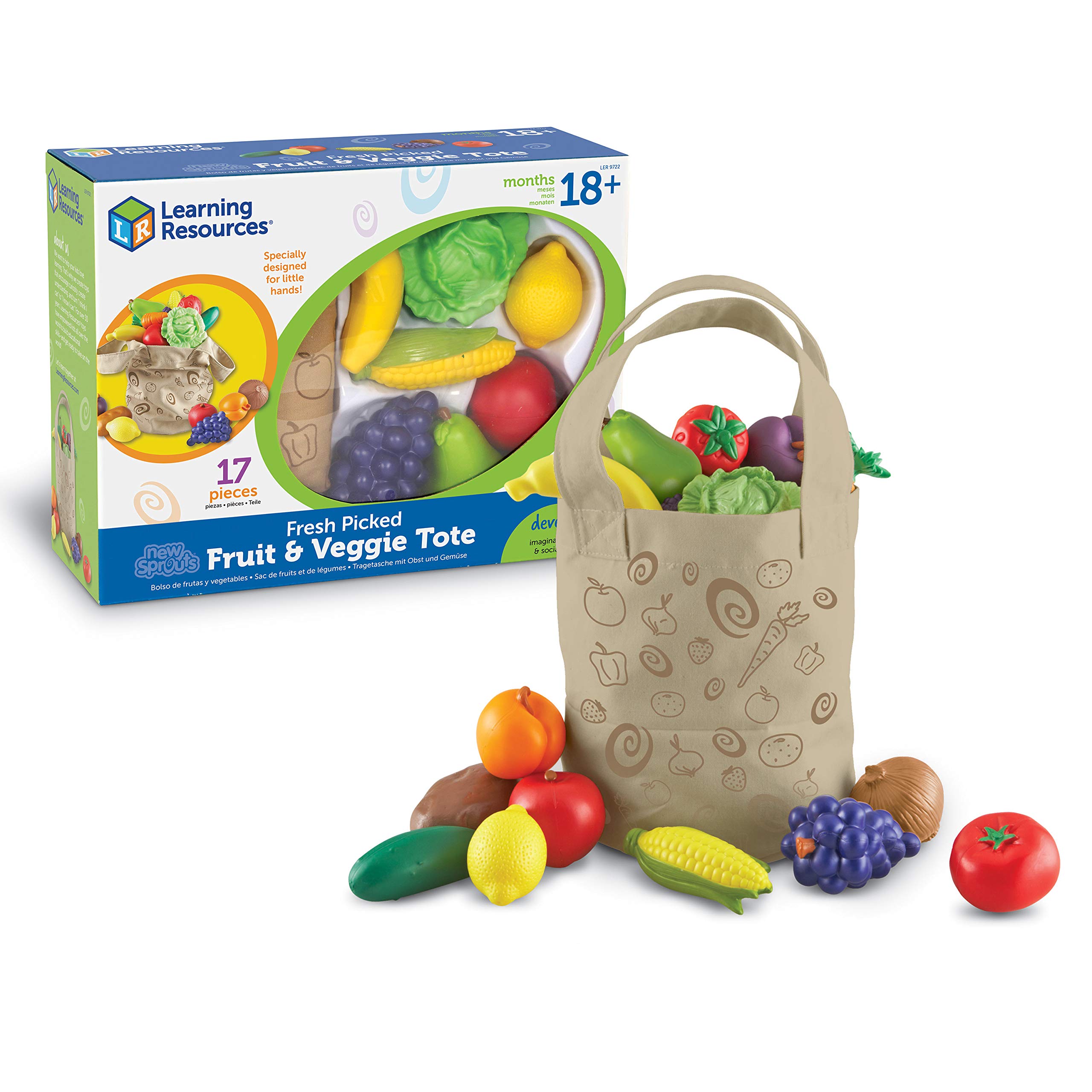 Learning Resources New Sprouts Fruit & Veg Tote, Pretend Play Food, Play Food for Toddlers, EYFS, Toddler Kitchen Play Toys