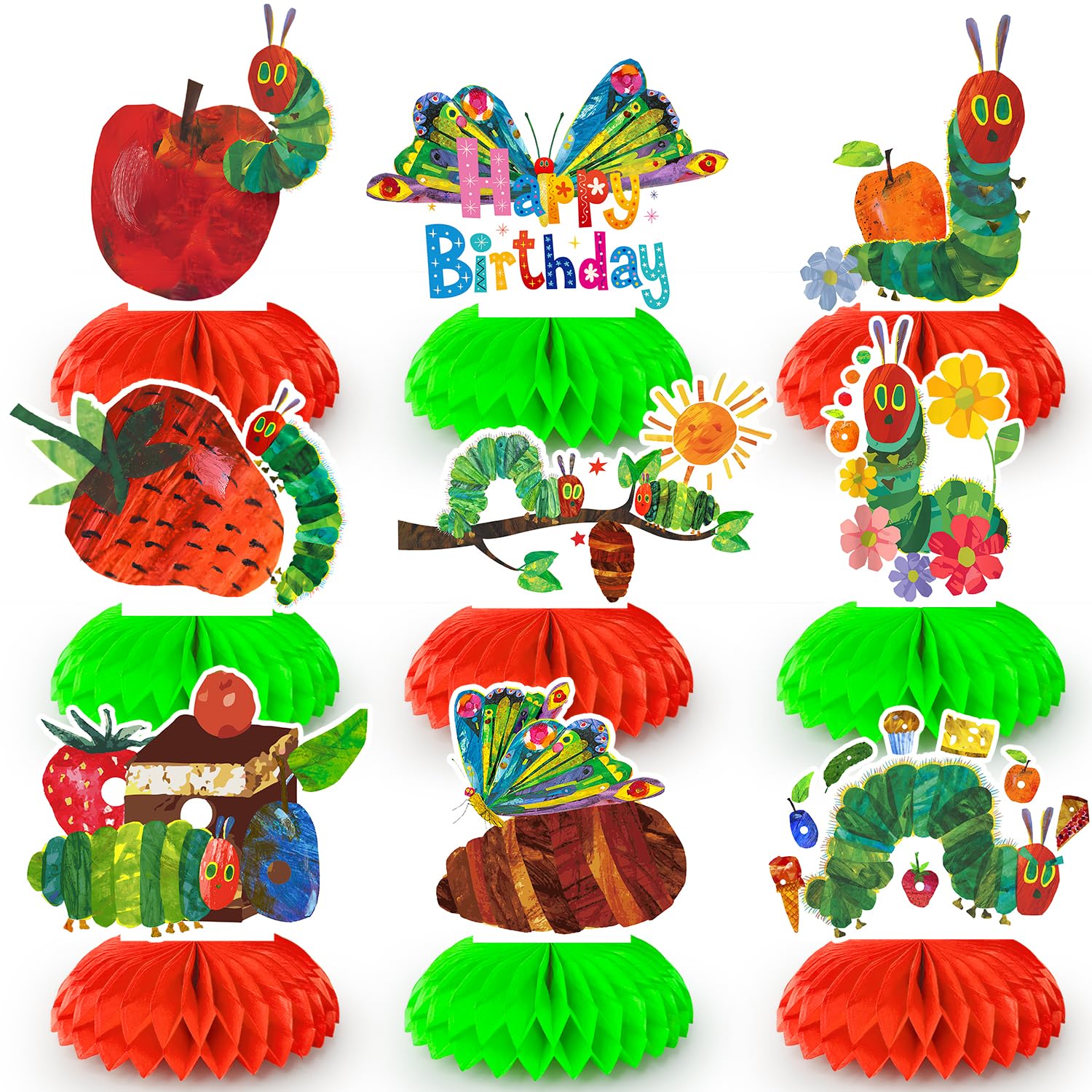 Generic 9pcs The Very Hungry Caterpillar 3D Honeycomb Table Decorations for Caterpillar Birthday Parties