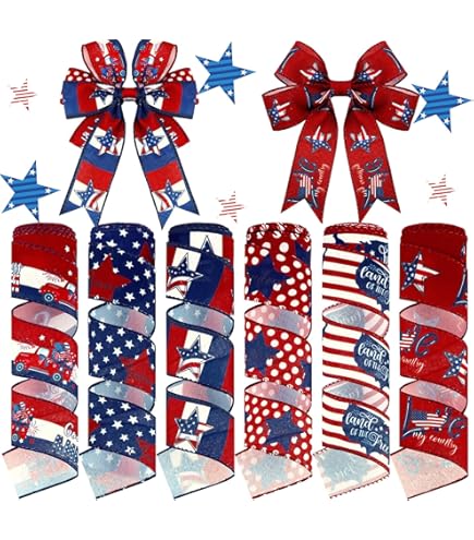 Cinta Patriótica De Arpillera Con Borde De Alambre - 4 Rollos, 2.5 Pulgadas X 5 Yardas, Para Decoración Del Día De La Independencia