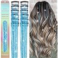 MISSUHUI Hair Tinsel 12 Pcs Hair Tinsel Clip in Glitter Tinsel Hair Extensions 23.6Inch Clip in Hair Tinsel Kit Sparkling Fairy Party Festival Hair Accessories for Girls Women Kids (Lake Blue)