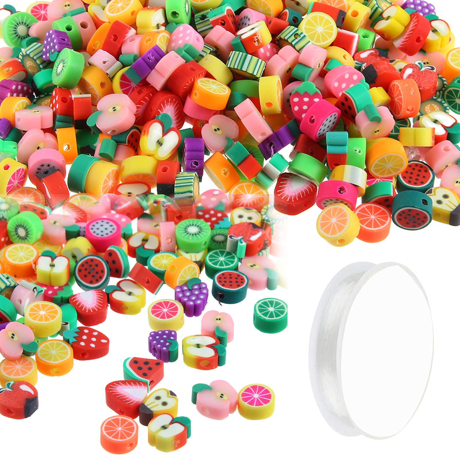 100 Pcs Multicolored Fruits Beads Polymer Clay Fruit Spacer Beads with Crystal Rope for DIY Jewelry Accessories Bracelet Necklace Earrings Craft Making