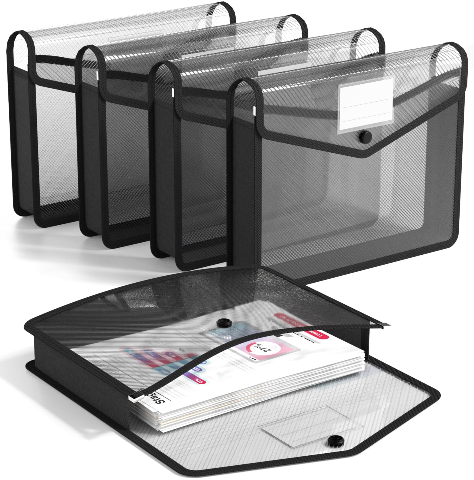 A4 Plastic Wallets, 5 Pcs Popper Wallet Plastic Document Folder Premium Pockets Files Envelope for School Office Home, with Snap Closure and Card Slot, Black