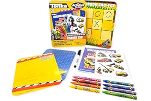 Leap Year Publishing Tonka | Activities to-Go Travel Tin | Art Set | Includes 8 Crayons, 2 Dry Erase Activities with 1 Dry Erase Marker, 1 Coloring Pad, and 1 Sheet of Repositionable Sticker Clings