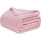 Bedsure Gentlesoft 100% Cotton Blanket Queen Size for Bed - Breathable and Soft, Thick Cozy Waffle Weave Christmas Blanket Gift for Women, Pink, 90x90 Inches