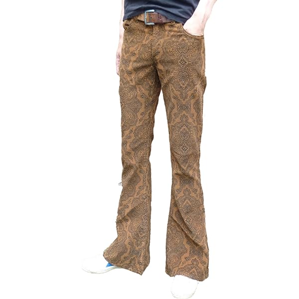 Mens Bell Bottoms Paisley Brown Flares Pants Corduroy 60s