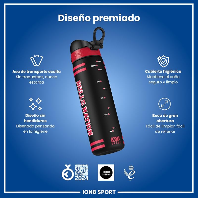 NBA Chicago Bulls Botella Agua, 500ml, a Prueba de Fugas, Fácil de Abrir, Cerradura Segura, Apta para Lavavajillas, Sin BPA, Asa de Transporte, Fácil de Limpiar