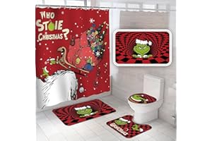 Jyumini 4Pcs Christmas Shower Curtain Sets with Non-Slip Rugs, Toilet Lid Cover and Non-Slip U Shape Bath Mat, Bathroom Sets with 12 Hooks Xmas Holiday Home Decor