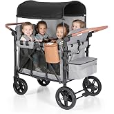 Foldable 4-Seater Wagon Stroller for Kids, All-Terrain Wagon with Snack Tray, High Seats, 5-Point Harness, Adjustable Handle, Canopy, Parent Organizer &amp; Insulated Snack Pack(Grey)