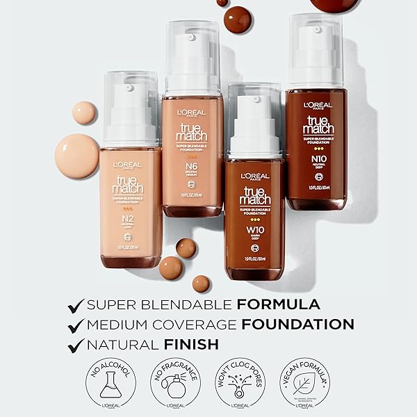 L’OREAL PARIS TRUE MATCH SUPER-BLENDABLE FOUNDATION, MEDIUM COVERAGE LIQUID FOUNDATION MAKEUP, N5.5, MEDIUM, 1 FL OZ