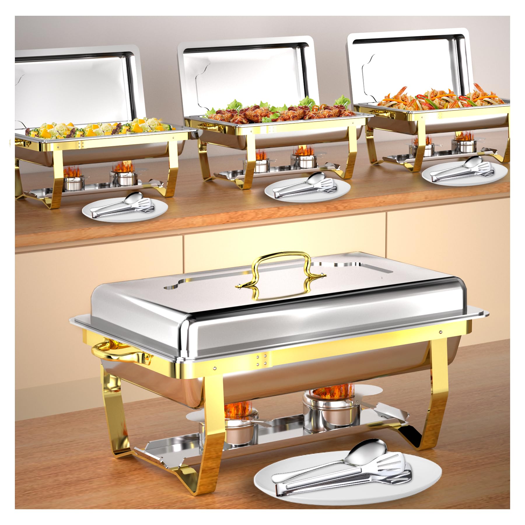 Photo 1 of Chafing Dishes for Buffet 4PK, 8QT Food Warmers for Parties, Buffet Servers and Warmers, Semi Gold Elegant Catering Supplies Buffet Display Set with Tongs Spoons