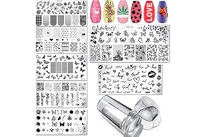 LoveOurHome 7pc Valentine Nail Stamping Kit Flower Butterfly Lace Geometric Nails Stamp Plate Template Stencil Manicure Fingernails DIY Design Tools with Clear Stamper Scraper for Women Kids Gilrs