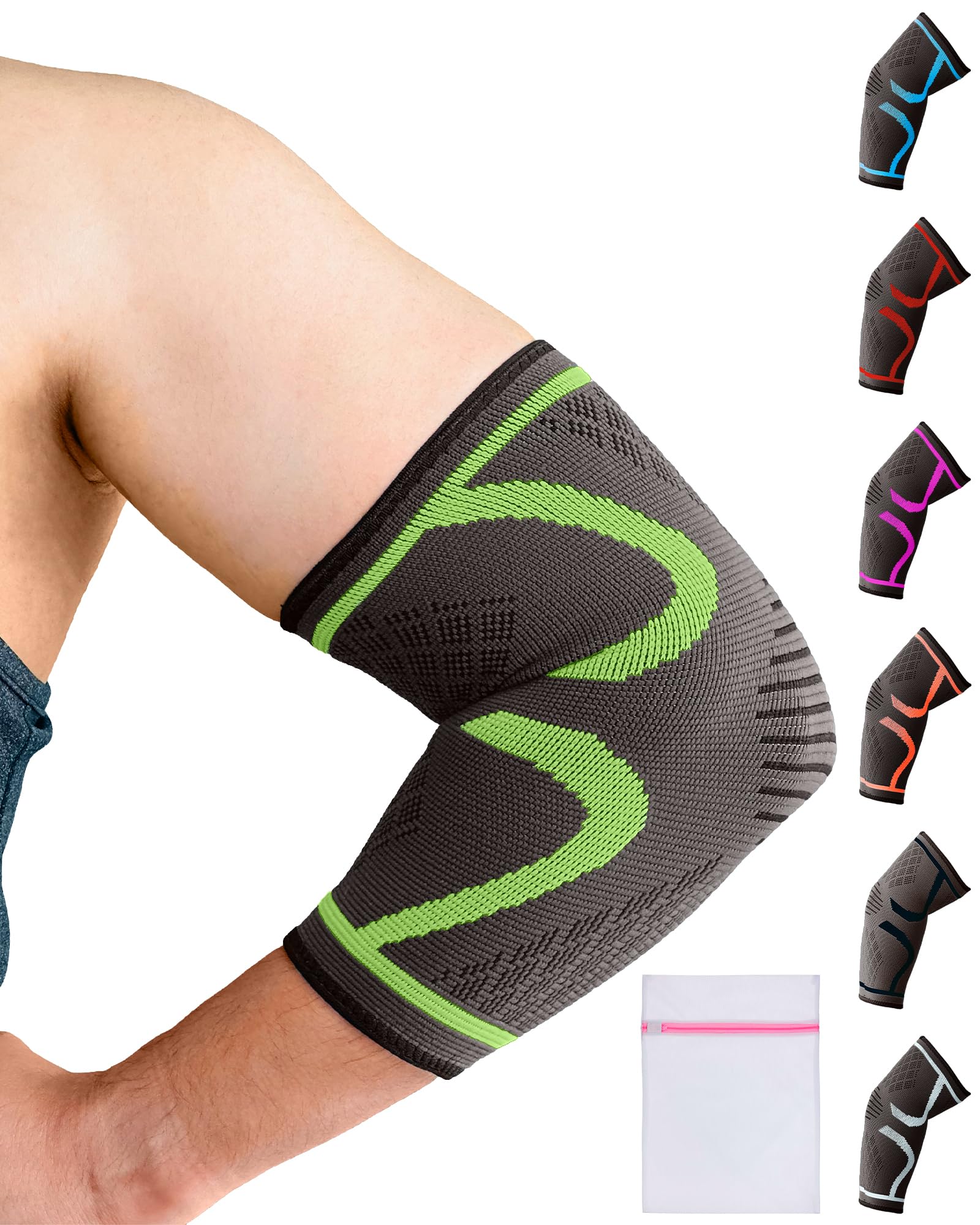 360 RELIEF Elbow Support for Men, Women, Kids, 1 Pack Compression Elbow Sleeve for Tennis, Golfers, Sports, Fitness, Gym, Weightlifting, Large, Green + Laundry Bag
