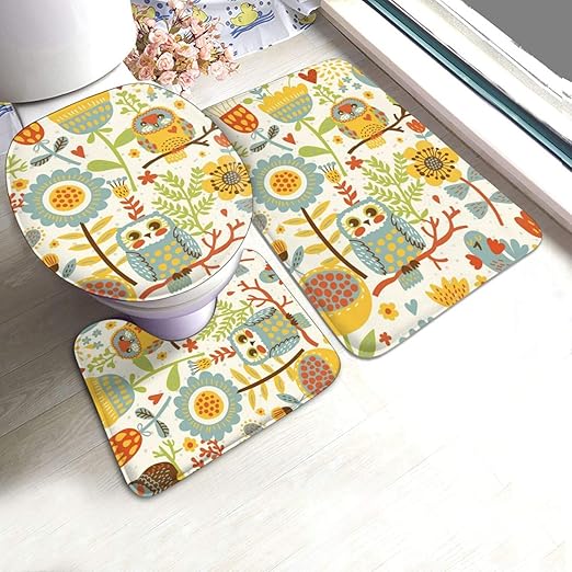 Amazon Com Yunshm Cute Colorful Floral Seamless Pattern With Owl And Bird Bathroom Rugs Carpet Mats U Shaped Toilet 3 Piece Bath Mat Set Non Slip For Indoor Contour Rug Personalized Home Kitchen