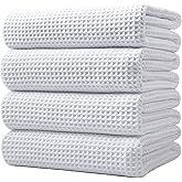 POLYTE 430 GSM Microfiber Oversize Quick Dry Lint Free Bath Towel, 60 x 30 in, 4 Pack (Waffle Weave)