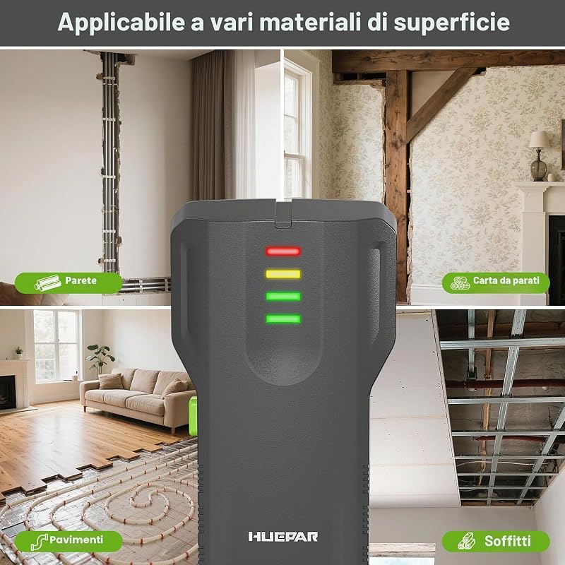 Rilevatore di legno e tubi, 4-in-1 rilevatore da parete Huepar, con spia LCD a quattro livelli e cicalino, rileva legno, metallo, tubi dell’acqua in PVC e materiali non metallici nelle pareti WS02