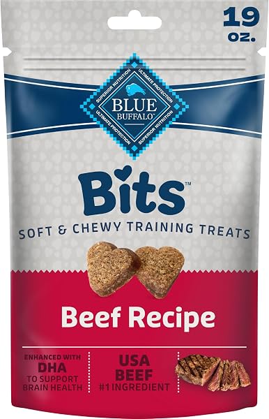 Blue Buffalo Bits Beef Soft & Chewy Dog Treats, Bite-Sized for Training, Made with Real Beef & Enhanced with DHA, Heart-Shape