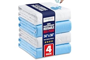 HYGIENX Reusable Bed Pads, 34”x36” 4 Pack, 4 Layers Waterproof Underpad Soft Absorbent Breathable Cotton Incontinence Pad Was