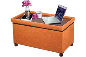 Ao Lei 30 Inches Storage Ottoman Bench, Storage Bench with Wooden Legs for Living Room Ottoman Foot Rest Removeable Lid for Bedroom End of Bed, Linen Fabric, Orange
