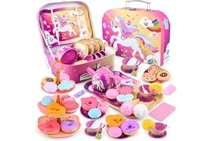 PEKMAR 41Pcs Unicorn Tea Party Set for Little Girls, Pretend Tin Teapot Set, Princess Tea Time Play Kitchen Toy with Dessert, Doughnut, Carrying Birthday Gift Case for Toddlers Age 3 4 5 6